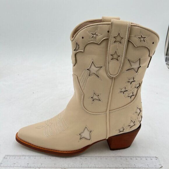 White Star Closed Pointed Toe Chunky Low Heel Short Boots Winter Date Shoes - Picture 1 of 6